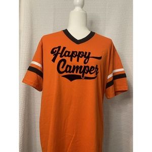 Unisex Short Sleeve Baseball Shirt Orange Brown V-Neck 'Happy Camper' Size Large